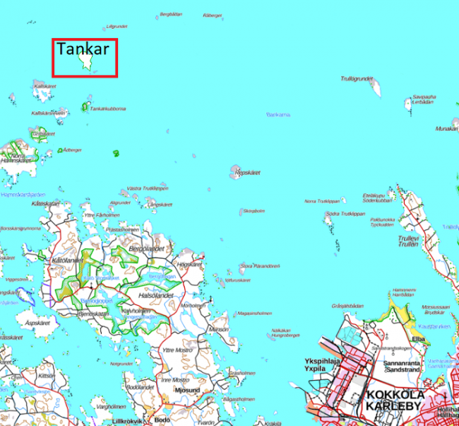 Situación de la isla de Tankar frente a la ciudad de Kokkola 