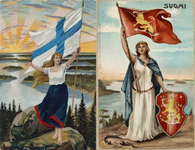 Dibujos-para-postales-mostrando-a-la-Doncella-de-Finlandia-con-la-bandera-y-el-escudo_autorRagnhild-Sellén